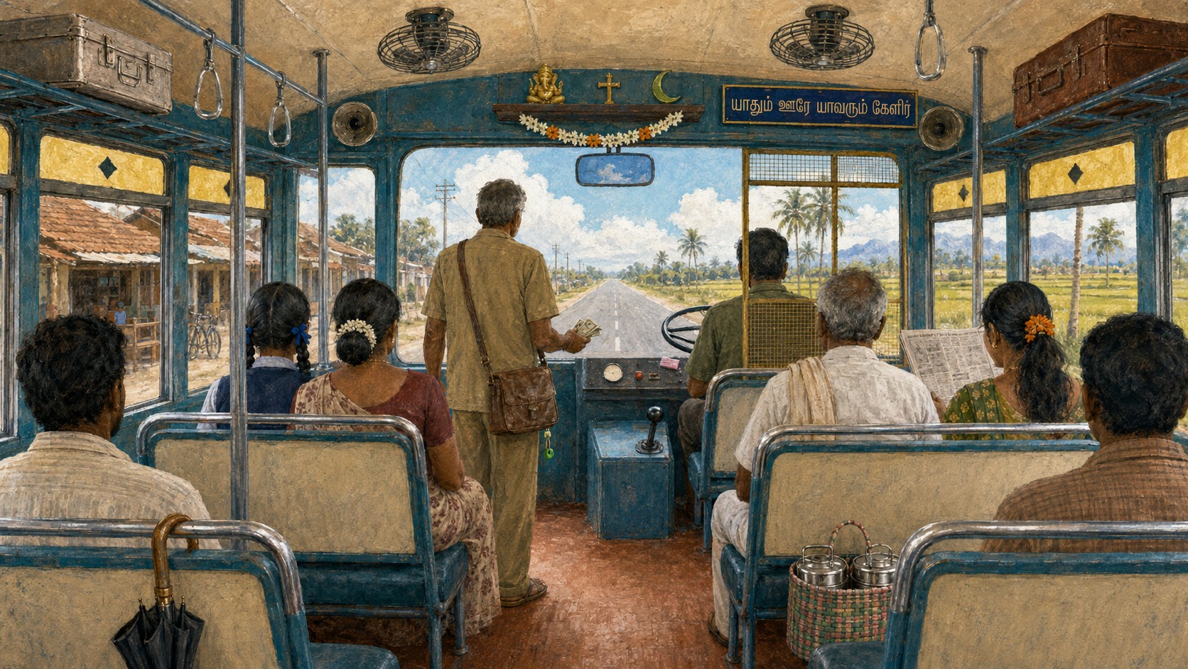 Inside a Tamil Nadu town bus, daytime — conductor with a whistle, passengers seated, palm trees and fields through the windows