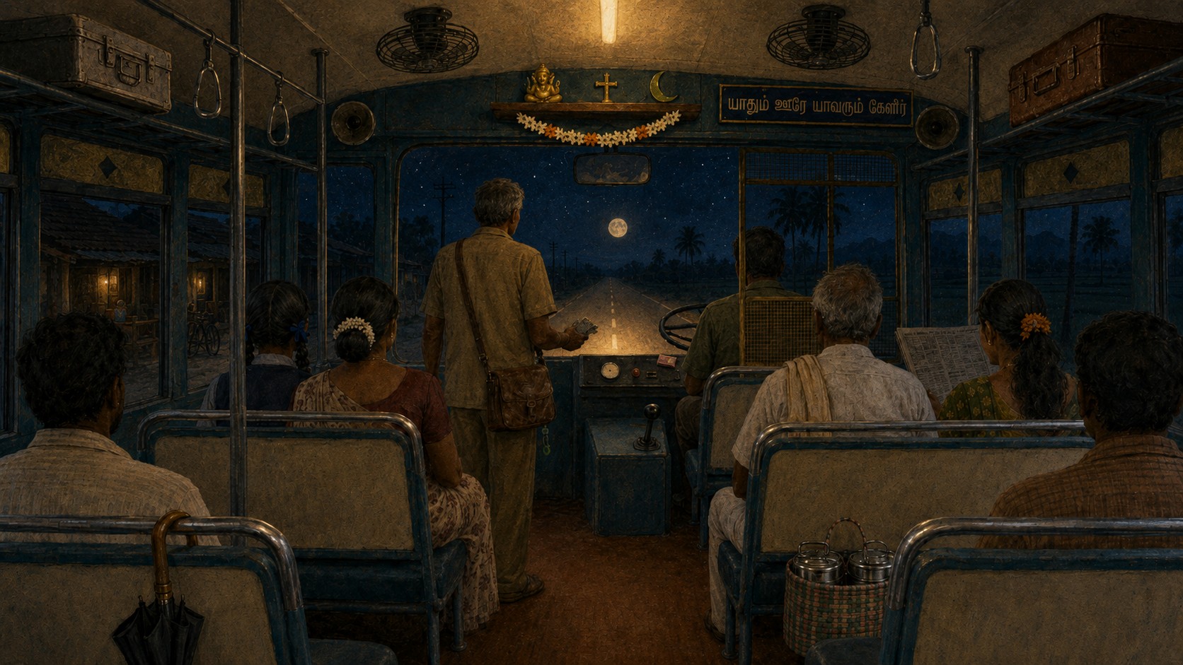 The same bus at night — moonlit road ahead, warm lamp glow by the shrine
